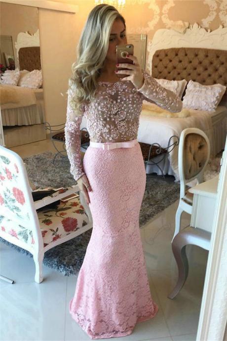 2017 Style Prom Dress Blush Pink Lace Evening Gowns Prom Gowns With Off The Shoulder Long Sleeves Lace Evening Dress
