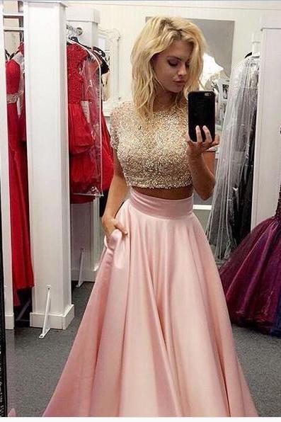 Two Pieces Prom Dress 2 Pieces Prom Dresses Pink Pearls Bodice Evening Dress