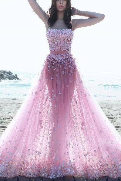 Two Piece Prom Dresses,flowers Evening Dress, Strapless Evening Dress, Floral Dresses Long, Pink Evening Dress, Evening Dress, A Line Evening