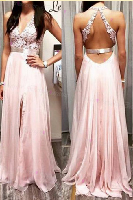 Charming Evening Dress,Pink Evening Dress,Lace Evening Dress,Chiffon Evening Dress ,V neck Evening,Formal Gowns,Cheap Prom Dress,