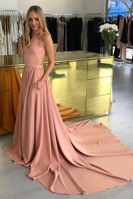 Amazing Pink High Neck Long Prom Dress,Pink Evening Dresses, Formal Dress,Cheap evening dress,A-Line Prom Dresses 