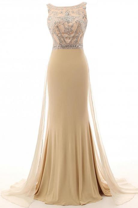 Charming Mermaid Prom Dresses,Champagne Cap Sleeves Beading Long Evening Gowns 2017