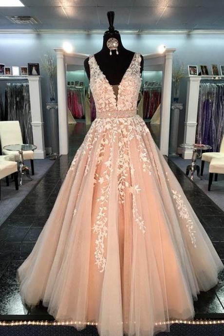 Champagne Prom Dresses,lace Prom Dresses,appliqued Tulle Formal Evening Gowns.custom Made