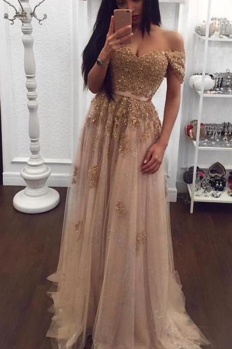 Champagne Color Prom Dresses Sexy Beading Prom Gown , With Cap Sleeve Formal Dress, Evening Dress,