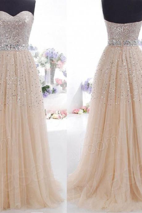 Gorgeous Strapless Sequin Prom Dress,champagne Long Prom Dresses,rhinestone,beading Graduation Dress,bridesmaid Dresses,