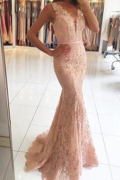 Sexy Nude Prom Dress, Champagne Lace Prom Dress, Long Mermaid Evening Dress 2018