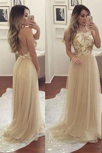 Champagne Tulle Backless Long Prom Dress, Sexy Prom Dress, Backless Prom Dress, Prom Dress, Evening Dress