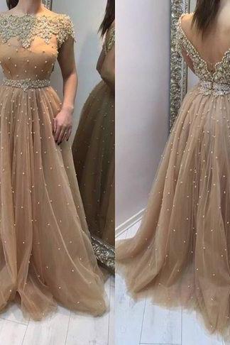 Champagne Tulle Backless Long Prom Dress, Sluxurious A-line Long Champagne Cap Sleeves Prom Dress, Backless Prom Dress, Prom Dress, Evening Dress