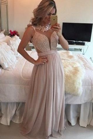 Distinctive A-shaped Champagne Prom Dress, Long Prom Dress, Chiffon Prom Dress, Beading Prom Dress