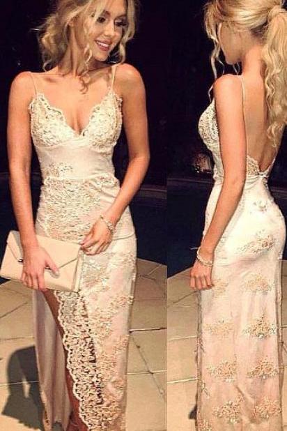 Champagne Backless Lace Prom Dress,spaghetti Straps Prom Dresses,side Split Charming Evening Dress