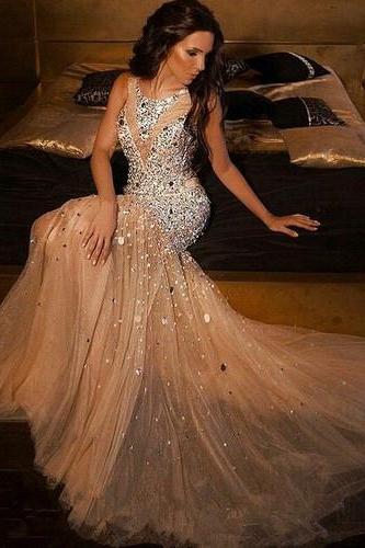 2017 Prom Dress,mermaid Long Prom Dresses ,champagne Prom Gowns, Beading Prom Dresses