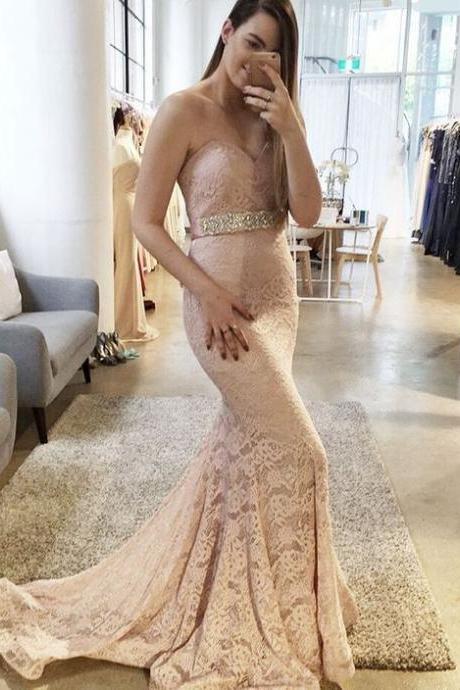 Gorgeous Champagne Sweetheart Lace Mermaid Prom Dress,pageant Gown With Beaded Waist