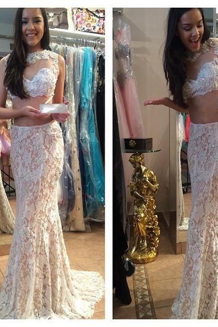 Cheap prom dresses ,Prom Gown,Two Piece Champagne Jewel Court Train Lace Crop Tops Trumpet Mermaid Prom Evening Dress