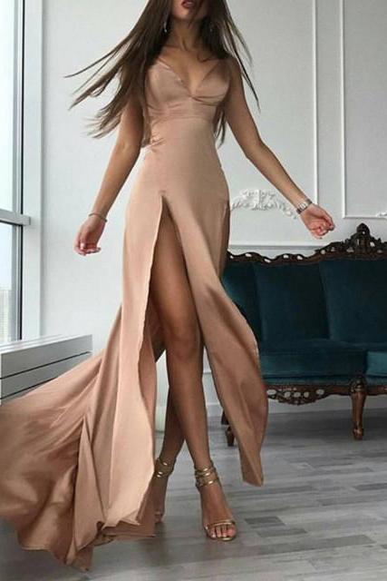 Gorgeous Prom Dress,slit Prom Dress,long Party Dress,champagne Prom Dress,sexy Prom Dresses 2017 ,a-line Prom Dresses