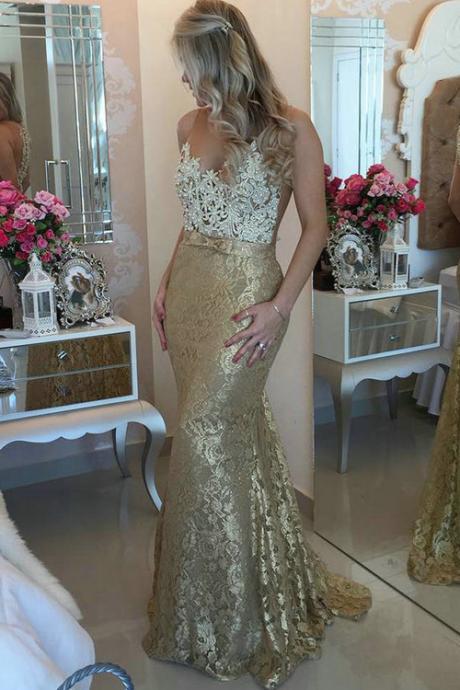 Mermaid Long Prom Dress,V-Neck Evening Dress,Sleeveless Lace Champagne Prom Dresses 2017