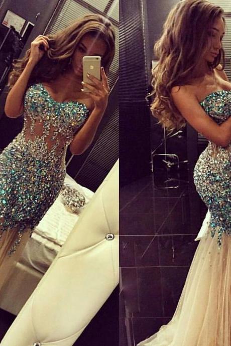 Glamorous Sparkly Artificial Rhinestone Beaded Mermaid Prom Dress Champagne Tulle Long Evening Dress