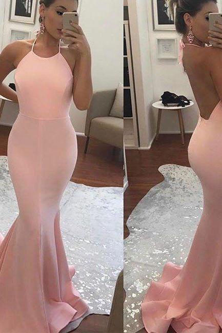 2018 Halter Mermaid Long Prom Dress ,Open Back Evening Dress,Pink Party Dress,Cheap High Quality
