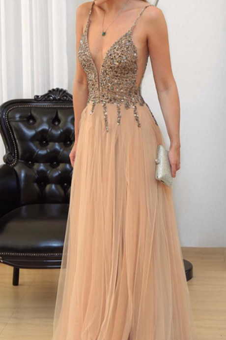 Sexy Prom Dresses,Sleeveless Beads Crystal Evening Dress,Long Prom Dresses,Formal Party Gown