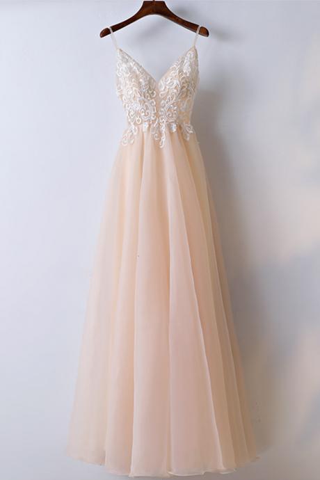 Sexy Champagne Tulle Spaghetti Straps Long Prom Dress ,With Appliques Graduation Dress,Backless Prom Dresses,