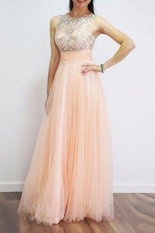 Champagne Tulle Sequin Long Prom Dress, Wedding Dress Long Prom Gown For Teens, Evening ,Backless Prom Dresses,