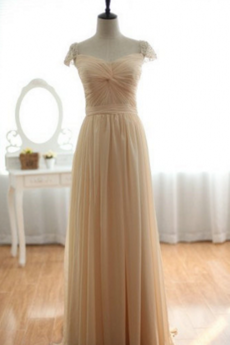 Vintage Long Champagne Chiffon Dress, with Beaded Cap Sleeves Evening Dress,Champagne Formal Dress,