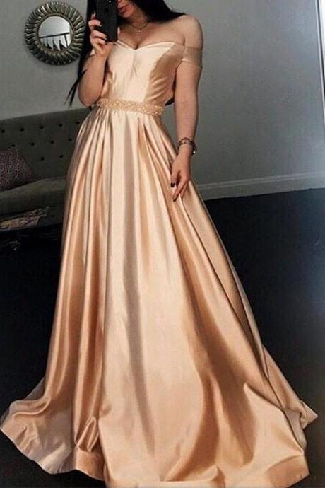 Chic Custom Made Champagne off Shoulder Long Prom Dress, Champagne Evening Dress,Long Evening Dresses