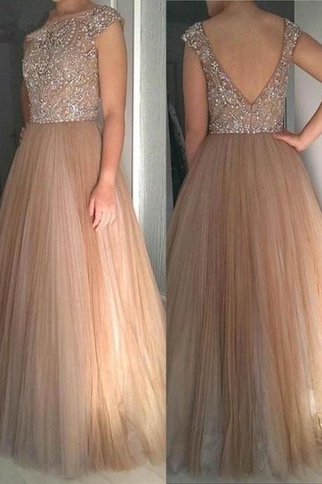 Champagne A Line Beading Long Prom Dress, Formal Dress,Evening Dress ,Gorgeous Evening Dress,