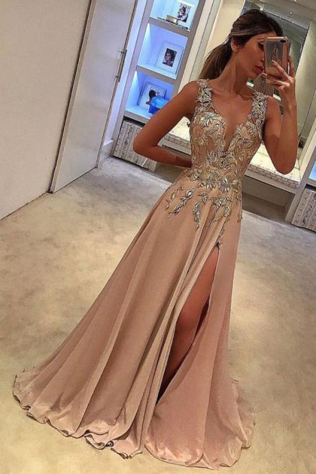 Sexy Deep V Neck Prom Dresses with Split Side Appliques Prom Gowns