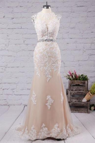 Charming Mermaid Jewel Sweep Train Open Back Champagne Tulle Prom Dress with Applqiues Beading
