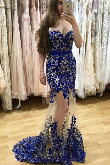 Mermaid Sweetheart Neck Blue Lace Long Prom Dress,Beaded Formal Dress, Evening Dresses,Cheap Prom Dress
