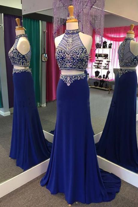 2 Pieces Royal Blue Chiffon Prom Dresses, Crystals Women Graduation Dress,a-line Prom Dresses ,long Evening Dress,