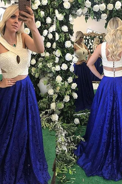 2018 Sexy Sleeveless Halter Prom Dress with Pearls,Royal Blue Lace Prom Dress,Elegant Evening Dresses