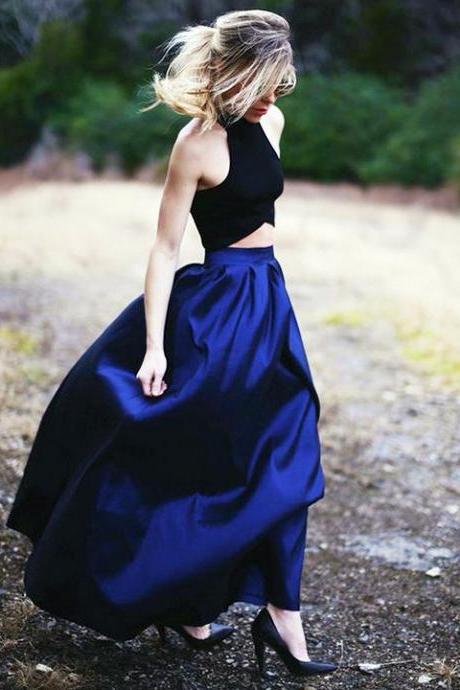 High Neck Halter Two Piece Long Prom Dress, Floor Length Pleats Satin Prom Dress, Black And Royal Blue Crop Top Prom Dress