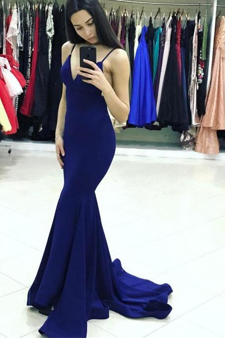 2018 Sexy Royal Blue V Neck Backless Mermaid Prom Dress, With Spaghetti Straps Formal Gown