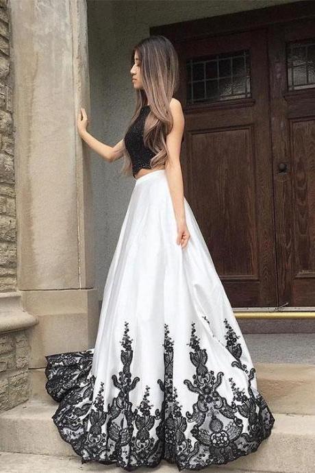 Petite Black And White Lace Long Prom Dress, Two Pieces Evening Dress A-Line Prom Dresses,Graduation Dress,
