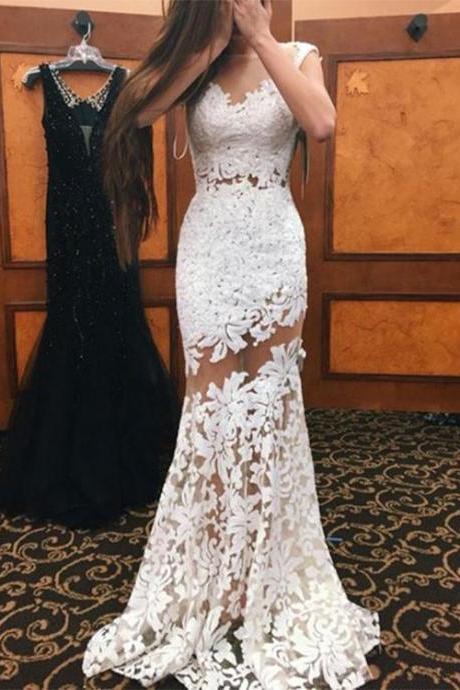 Charming White Lace Mermaid Long Prom Dress, Lace Evening Dresses,Cheap Prom Dress,Sweetheart Formal Gowns
