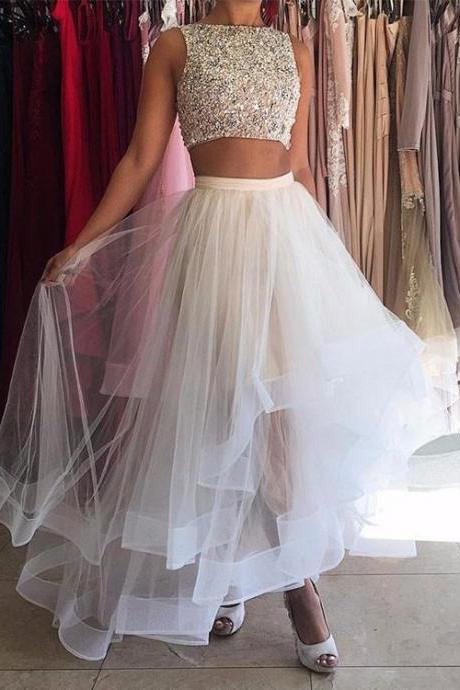 Two Pieces White Tulle Sequins Long Prom Gown, Evening Dress, White Prom Dress,Long Formal Gowns,Tulle Prom Dresses