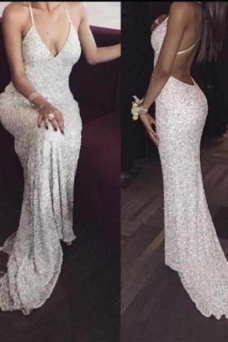 Mermaid White Sequins Long Prom Dress, Evening Dress,White Prom Dress,Long Formal Gowns,Prom Dresses