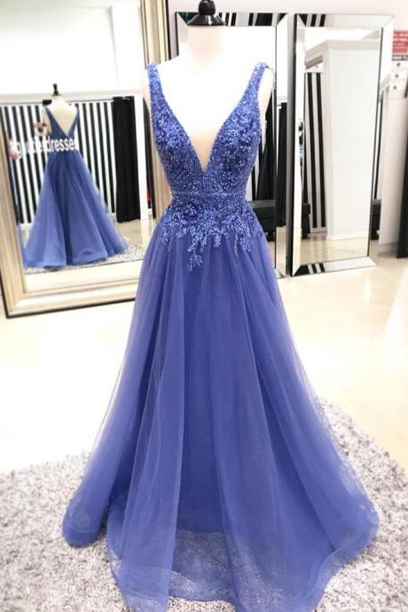 2018 Gorgeous V Neck Long Prom Dress Evening Dress,tulle Prom Dress, Evening Dress