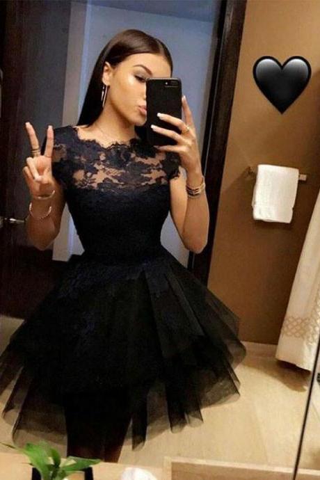 Cute A Line Black Tulle Lace Formal Gowns,Short Prom Dress, black Homecoming Dress,Party Dress,Graduation Dress