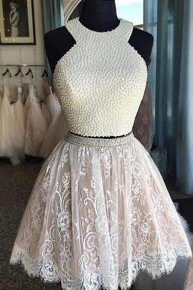 Sexy Two-piece Halter White Lace Homecoming Dress Beaded,party Dress,graduation Dress,a-line Prom Dresses, Prom Dress