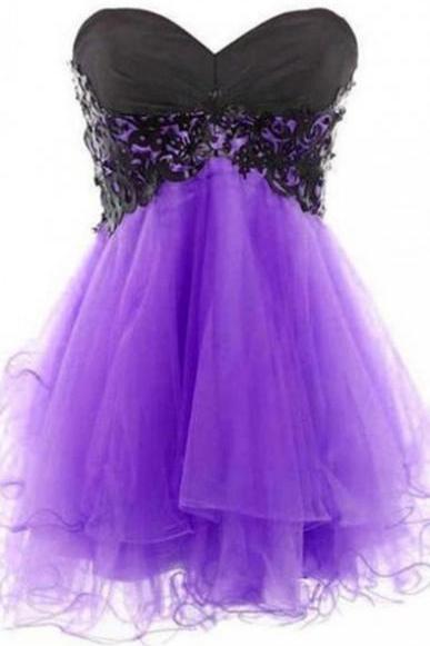 -selling Sweetheart Sleeveless Mini Purple Homecoming Dress With Black Appliques,party Dress,graduation Dress,a-line Prom Dresses, Prom Dress