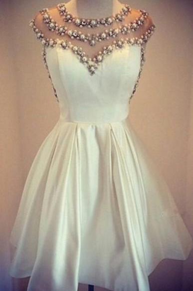 Simple Jewel Cap Sleeves Short White Homecoming Dress With Pearls,party Dress,graduation Dress,a-line Prom Dresses, Prom Dress