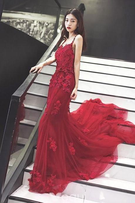 Mermaid Spaghetti Straps Red Tulle Long Prom/evening Dress With Appliques