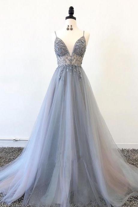 Sparkly Prom Dresses Aline Spaghetti Straps Long Grey Prom Dress Fashion Evening Dress Jkl1635