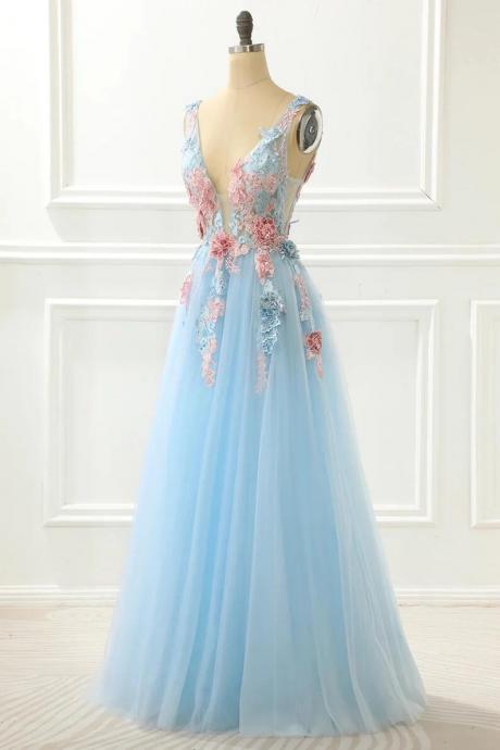 A Line V Neck Long Prom Dresses,formal Graduation Dresses, Evening Party Dress A-line Embroidery Sky Blue Prom Dress