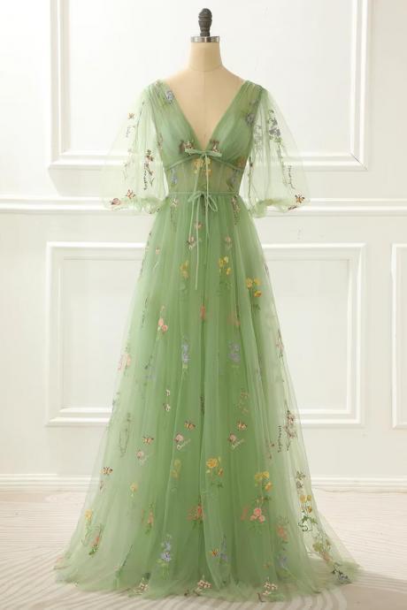 A Line Sweetheart V Neck Long Prom Dresses,formal Graduation Dresses, Evening Party Dress A-line Embroidery Green Prom Dress