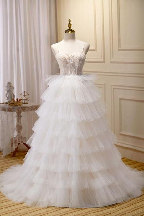 Simple White Applique Tulle Long A-line Prom Dress
