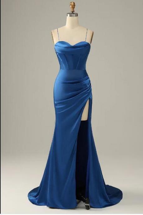 Spaghetti Straps Prom Gown, Mermaid Evening Gown, Royal Blue Formal Dress, Custom Satin Evening Dress, Split Party Dress