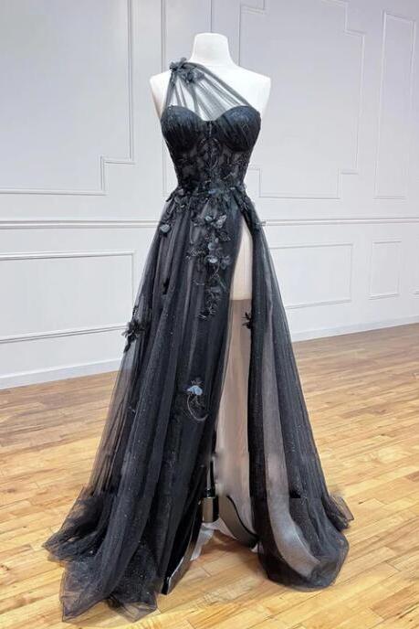 Black Lace Floral Long Prom Dresses, One Shoulder Black Lace Formal Evening Dresses